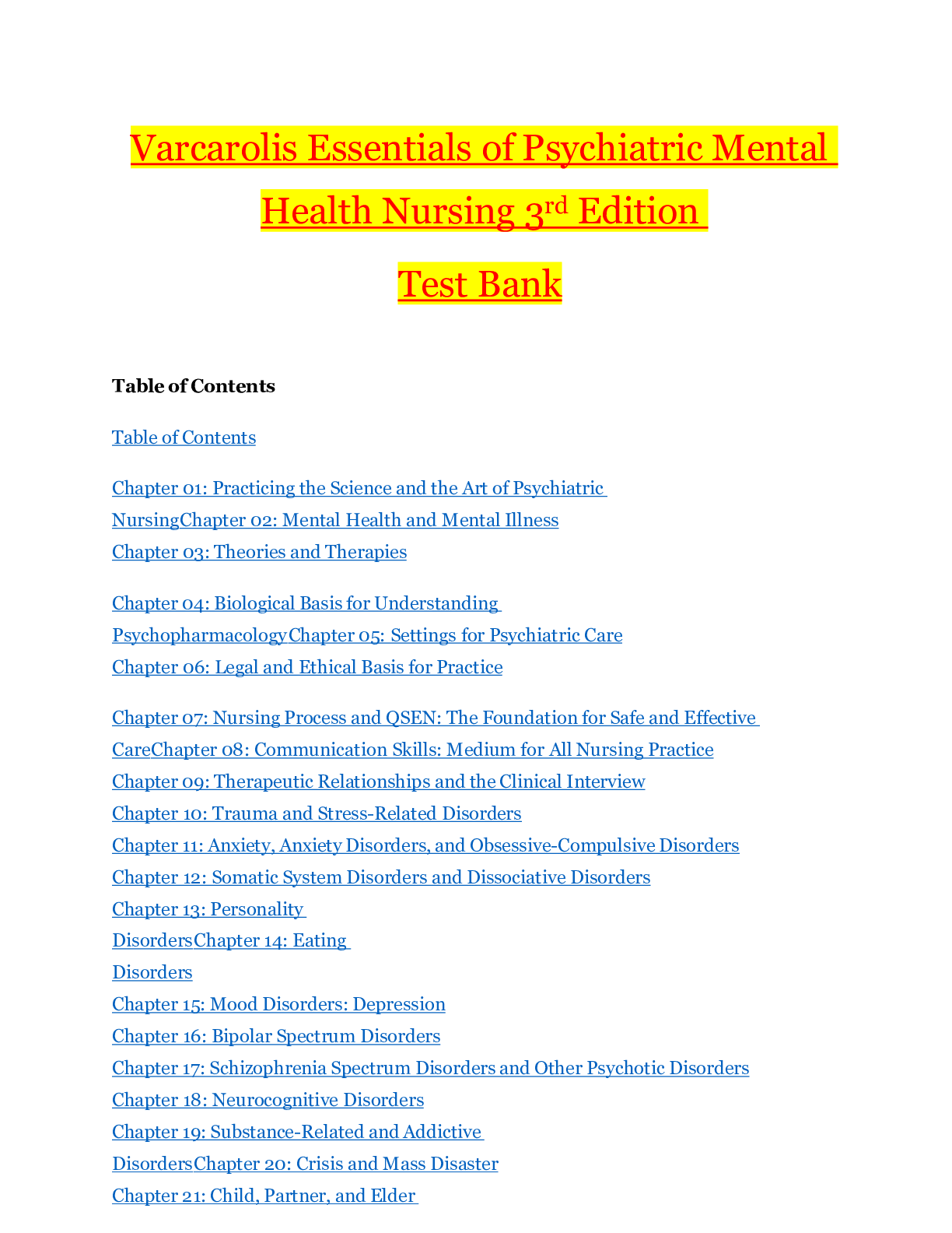 Preview image for Varcarolis Essentials of Psychiatric Mental Health Nursing 3rd Edition_TEST BANK | Answers & Explanations (28 Chapters)_2022/2023